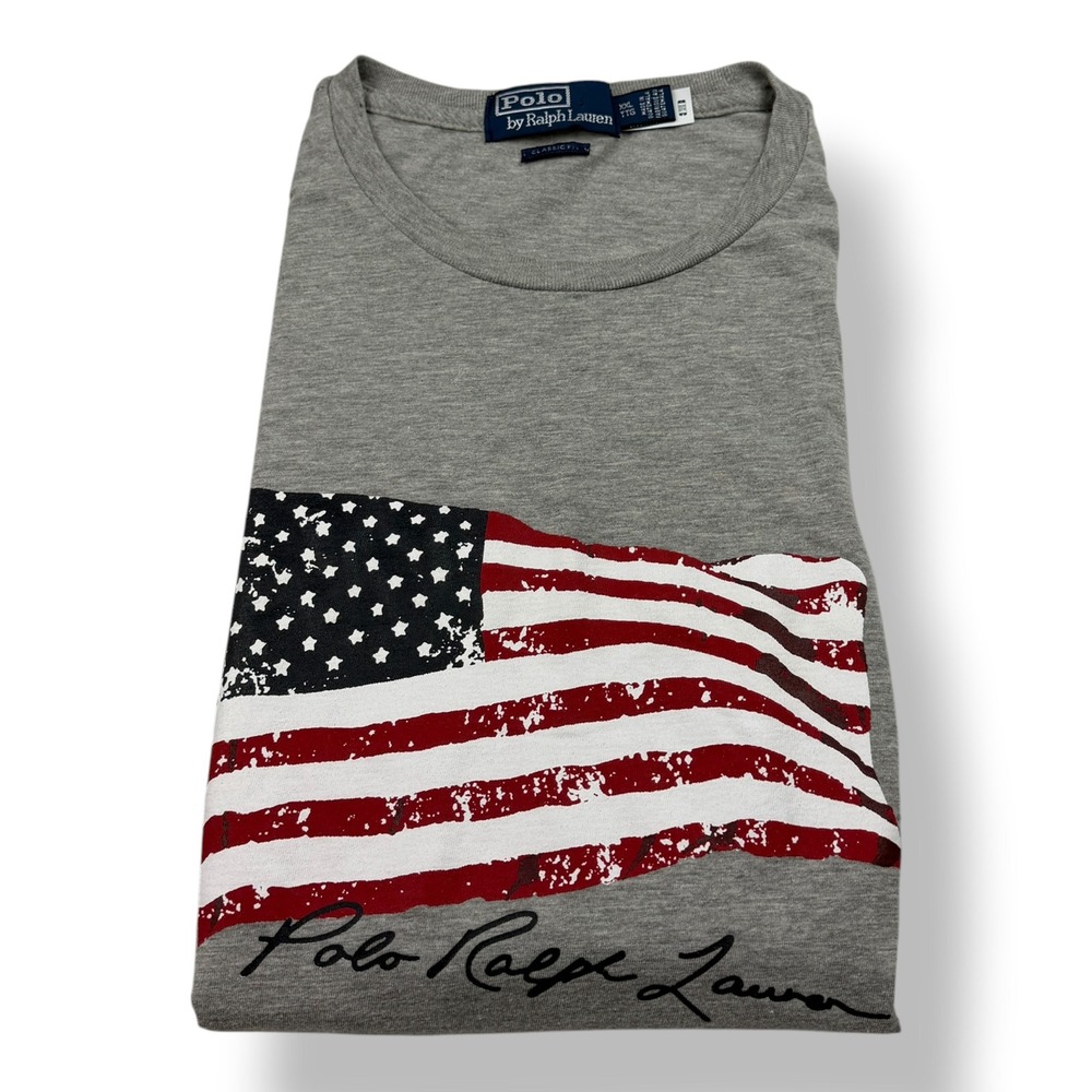 Polo‎ Ralph Lauren Mens XXL Gray American Flag Graphic T-Shirt Classic Fit 0375